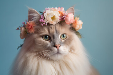 Cat with flower crown on head on pastel background