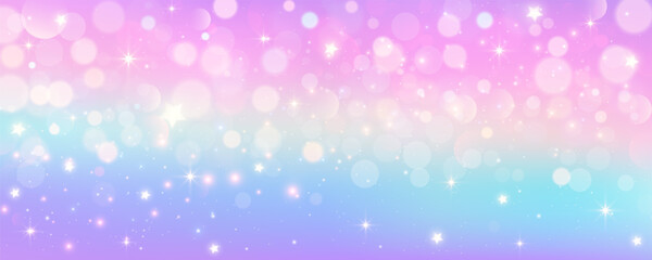 Purple unicorn background. Pastel watercolor sky with glitter stars and bokeh. Fantasy rainbow galaxy with holographic texture. Magic marble space. Vector © Chorna_L