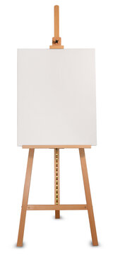 Artist painters wooden easel with empty canvas, front view isolated on white