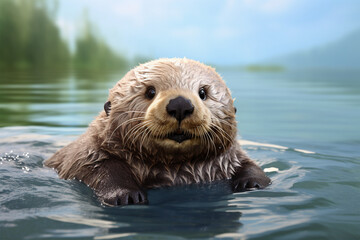 Close-up Portrait of Happy Sea Otter in Water