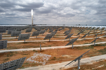 Broken solar panel fragments, heliostat mirror shards, technology fail