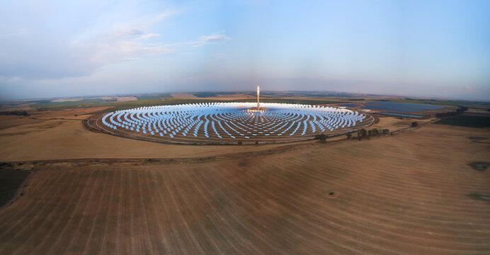 Concentrated solar power, dusk, aerial - alternative energy storage