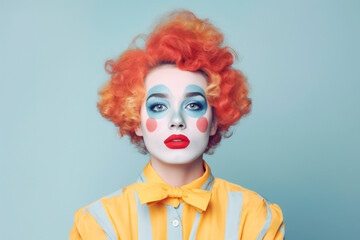 Woman dressed up with clown costume on pastel background - obrazy, fototapety, plakaty
