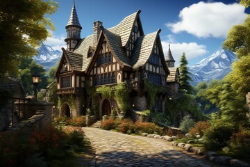 Fototapeta na wymiar bold American Tudor-style house with steeply pitched roofs, half-timbering, and medieval-inspired elements. Highlight its unique character and the cozy, storybook atmosphere.Generated with AI