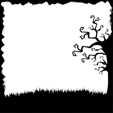 Halloween illustration with silhouettes of trees, grass