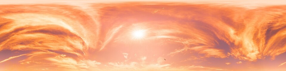 Glowing red orange sunset sky 360-degree panorama in seamless hdr equirectangular format, full zenith for 3D visualization and sky replacement. Nature, weather and climate change concept