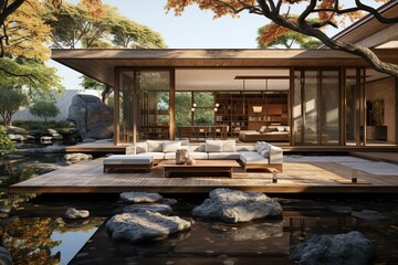 Obraz premium Sketch a modern Japanese-style home with a focus on natural light, featuring a central courtyard (tsuboniwa) with a small garden, creating a peaceful oasis in the heart of the house.Generated with AI