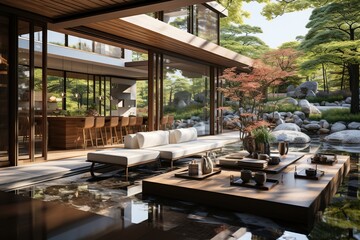 Sketch a modern Japanese-style home with a focus on natural light, featuring a central courtyard (tsuboniwa) with a small garden, creating a peaceful oasis in the heart of the house.Generated with AI