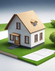 A detailed rendering of a mortgage document, with a miniature house and plot of land in the background, symbolizing the concept of real estate