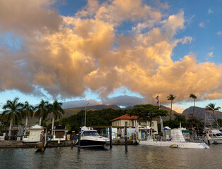 Sunset over the boats in Lahaina Harbor in West Maui, Hawaii