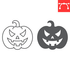 Halloween pumpkin line and glyph icon, celebration and holiday, horror lantern vector icon, gourd vector graphics, editable stroke outline sign, eps 10.