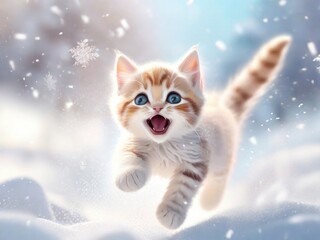 Kitten jumping in the snow in winter, AI generated