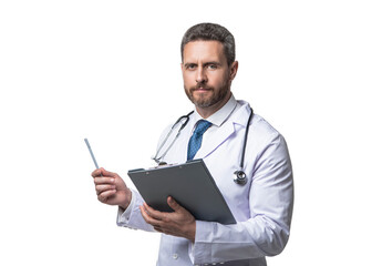 image of internist with anamnesis. internist with anamnesis isolated on white. - obrazy, fototapety, plakaty