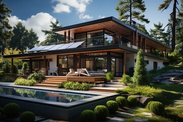 Obraz premium modern, energy-efficient home with passive design principles, such as strategic orientation, natural ventilation, and thermal insulation, to reduce energy consumption. Generated with AI