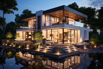 Fototapeta premium modern, energy-efficient home with passive design principles, such as strategic orientation, natural ventilation, and thermal insulation, to reduce energy consumption. Generated with AI