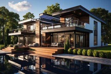 Fototapeta premium modern, energy-efficient home with passive design principles, such as strategic orientation, natural ventilation, and thermal insulation, to reduce energy consumption. Generated with AI