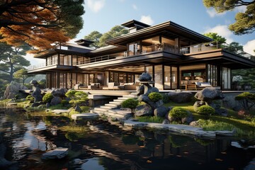 Obraz premium contemporary Japanese-style home with a striking roofline, reminiscent of traditional temple architecture.Generated with AI 