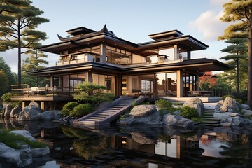 Obraz premium contemporary Japanese-style home with a striking roofline, reminiscent of traditional temple architecture.Generated with AI 