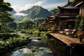 Fototapeta premium Thai-style wooden lodge designed for relaxation and meditation, nestled amidst the rice fields. Emphasize simplicity, serenity, Generated with AI