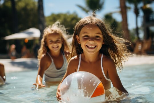 two little girls wearing swimsuits and sunglasses playing with balls in the swimming pool. family vacation 3d generative ai