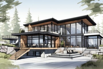 Sketch a modern home design that combines sleek lines, large windows, and open spaces. Embrace minimalist aesthetics while integrating innovative technology for smart living.Generated with AI