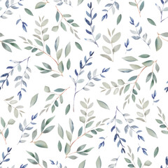 Watercolor seamless pattern with nature leaf art and branches.