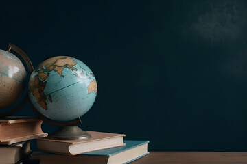 Globe and stack of books on dark background. Education concept. Studying maps and using geographic tools