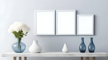 Close up of white frame poster mock up on table with glass vase on dark wall background