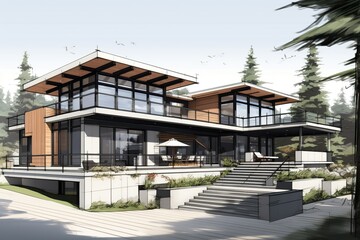 Fototapeta premium Sketch a modern home design that combines sleek lines, large windows, and open spaces. Embrace minimalist aesthetics while integrating innovative technology for smart living.Generated with AI
