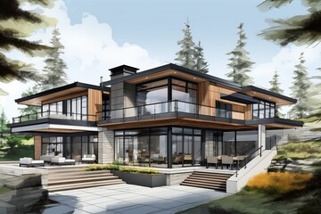 Fototapeta premium Sketch a modern home design that combines sleek lines, large windows, and open spaces. Embrace minimalist aesthetics while integrating innovative technology for smart living.Generated with AI