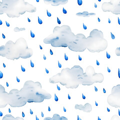 Watercolor blue clouds and rains drop seamless pattern. Hand drawn wallpaper modern vector background