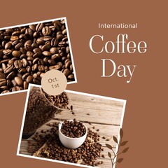International coffee day text and date, with coffee beans and cup on brown background