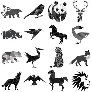 Set, mix illustration with animals from threesomes , graphic, picture, black and white, panda , bear, bird, fox, deer. 