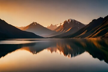 Fototapeta na wymiar A calm lake reflecting the vibrant colors of a mountain sunset