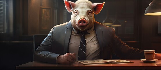 face of pig in suit and tie - obrazy, fototapety, plakaty