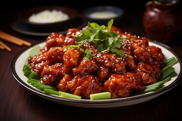 Fototapeta premium Delectable Plate of General Tso's Chicken with a Sweet and Tangy Glaze, Generative AI