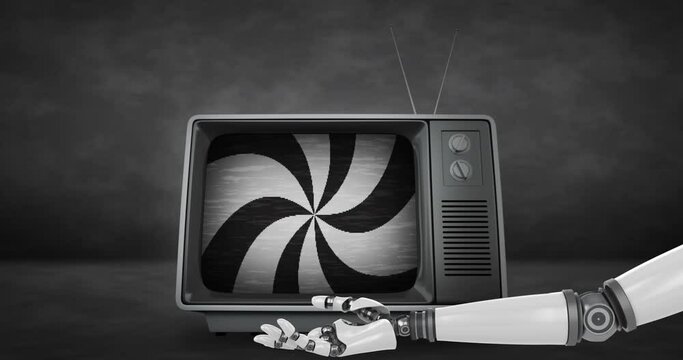 Animation of black and white stripes over retro tv and robot's arm
