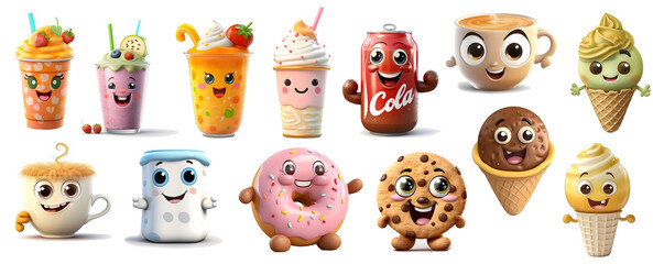 Set of cute Food and Beverage Sticker, Illustration, on transparent Background, generated ai