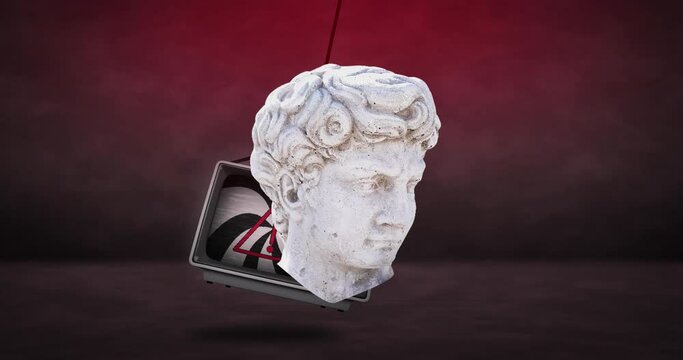 Animation of antique head sculpture over retro tv set on dark background