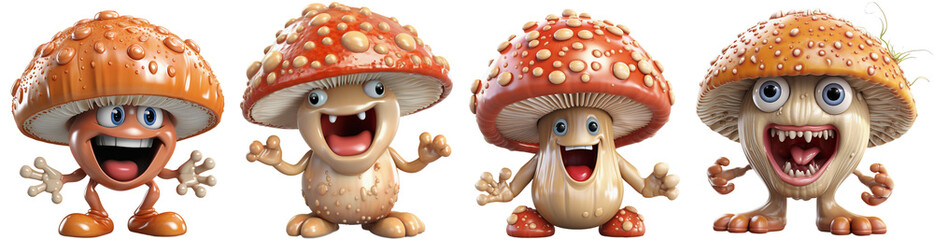 Illustration, cartoon character of dancing, happy and cheerful mushrooms, generative ai