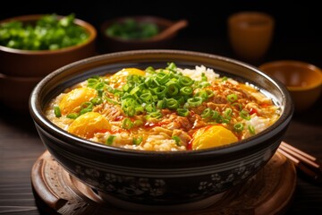 Comforting Bowl of Oyakodon (Chicken and Egg Rice Bowl) with Savory Broth, Generative AI