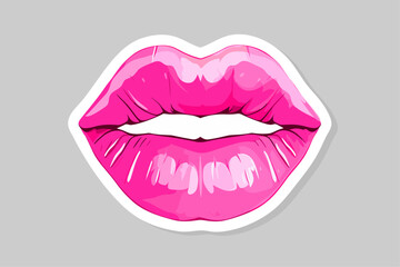 Glossy colored and sexy pink lips. Vector illustration isolated on white background. Hot girl kiss sticker lips with pink lipstick glamour barbie style