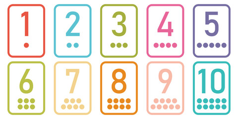 Printable flashcard collection for numbers from 1 to 10 with dots for children. For preschool years and kindergarten kids learning numbers, to count. Vector illustration