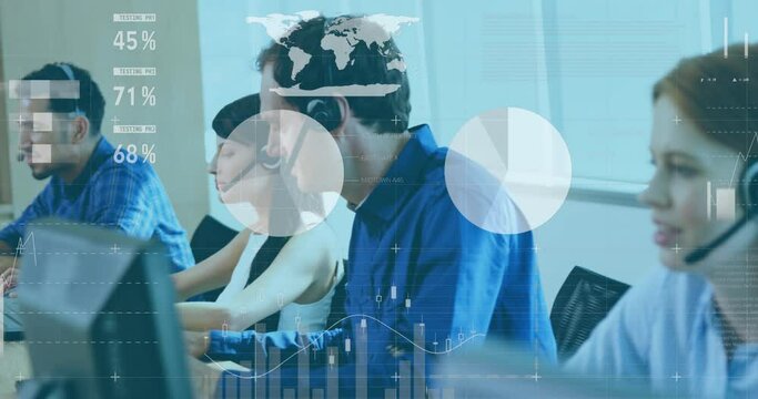 Animation of data processing on diverse colleagues talking on phone headsets while working at office - Powered by Adobe