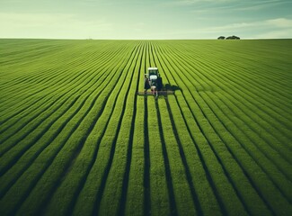 tractor is driving through a field aerial view