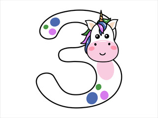 Unicorn Alphabet Number 3 Illustration