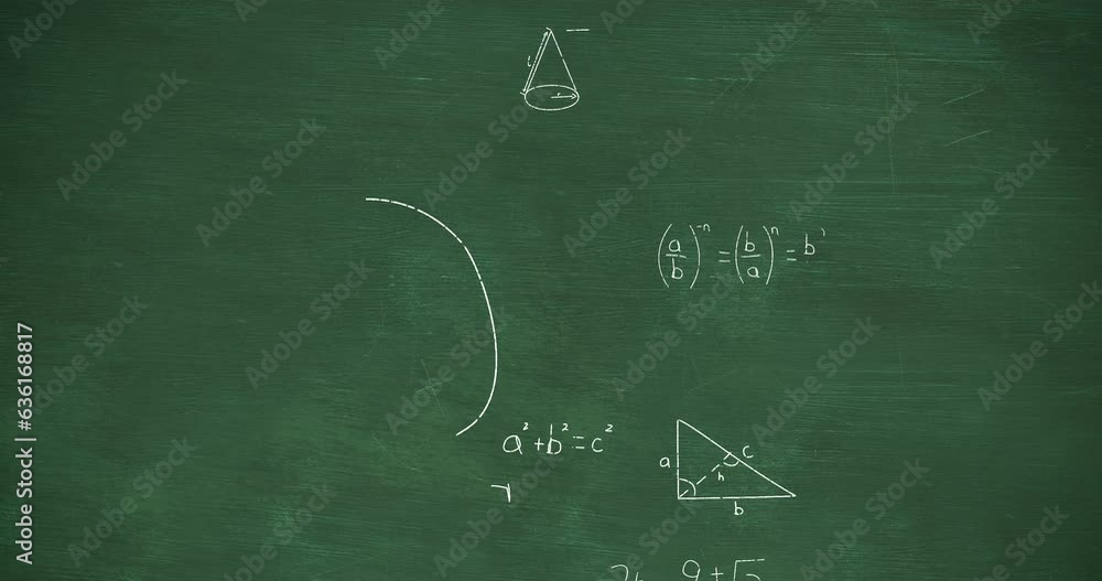 Poster animation of mathematical equations and formulas floating against green chalkboard background