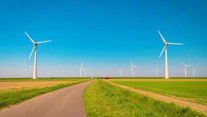 Wndmill park in the ocean aerial view with wind turbine Flevoland Netherlands Ijsselmeer. Green Energy in the Netherlands on a sunny day