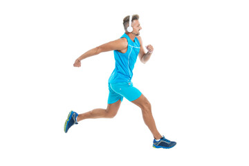 The jogger stretched legs before running. sport jogger listen to music in headphones. The jogger ran at sport training isolated on white. In a morning sport workout jogger run in studio