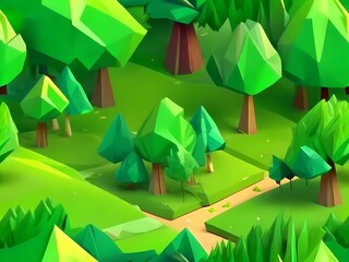 a landscape of a lush green forest in the style of low-poly, animation design, 3D vector art, cute and quirky